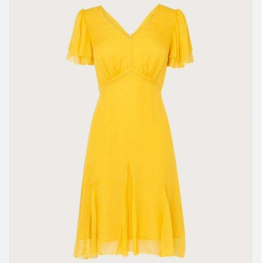 L.K. Bennett‎ London Hally Mustard Silk Dot MIDI Dress WOMEN 12 ELEGANT LUXURY